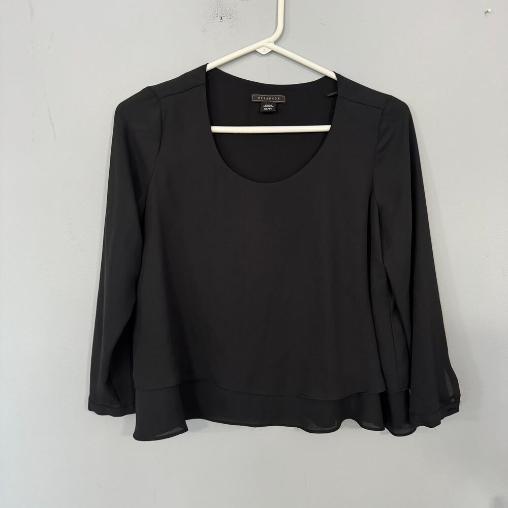 Metaphor Flowy Black Long Sleeve Top Size XS Double Layer Hem Button Sleeve